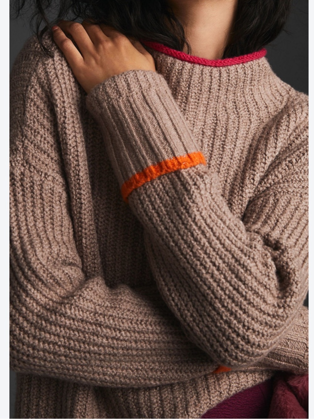 anthropologie maeve Ribbed Turtleneck Sweater with Pink Neckline and Orange Cuff